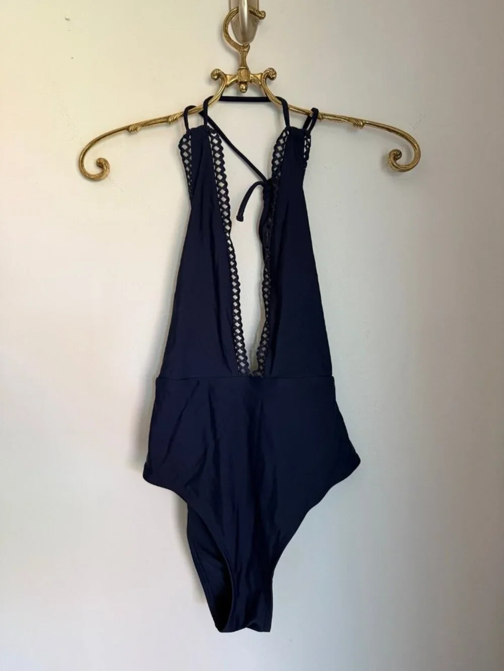Aerie One Piece Swimsuit Small Blue Plunge Halter Crochet Trim